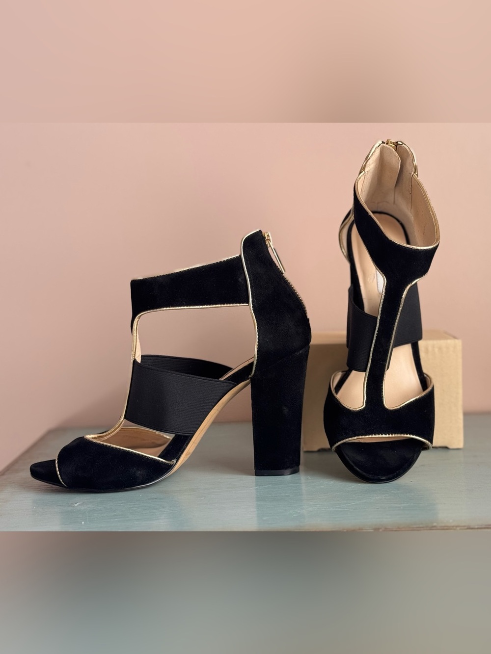 Karl Lagerfeld Paris Women's Black and Gold Open Toe Ankle Strap Zip 9.5